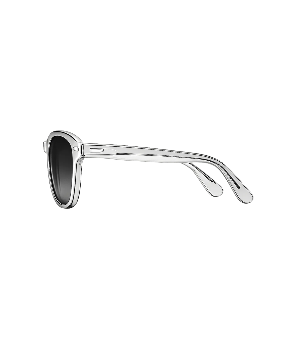 A pair of sunglasses with a glossy silver metal frame and dark lenses, shown from a side profile view against a solid white background.