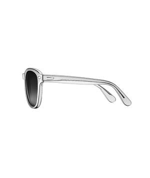 A pair of sunglasses with a glossy silver metal frame and dark lenses, shown from a side profile view against a solid white background.