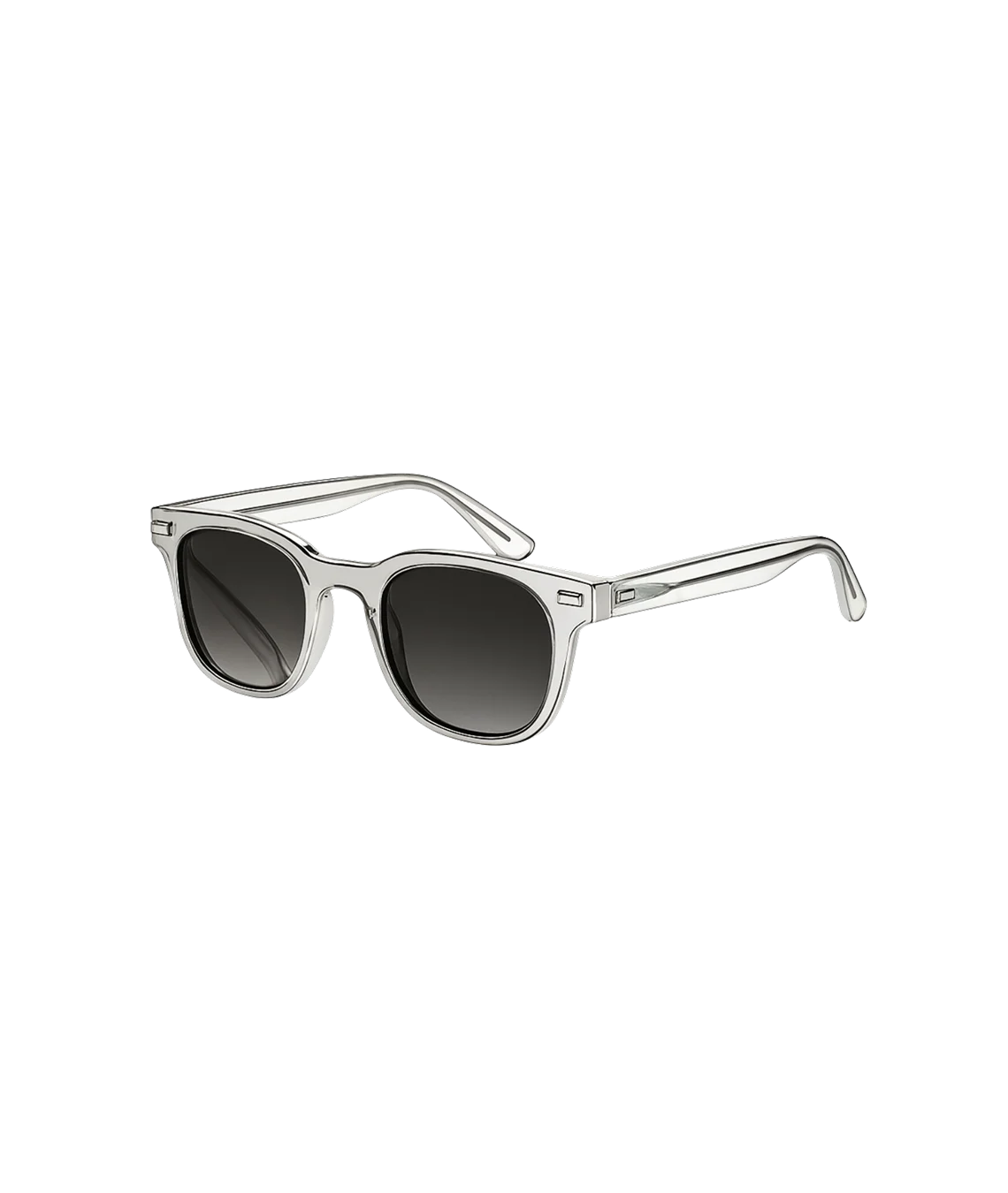A pair of sunglasses with a translucent silver frame and dark gray gradient lenses, shown from a three-quarters angle on a solid white background.