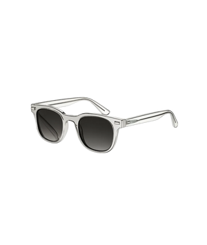 A pair of sunglasses with a translucent silver frame and dark gray gradient lenses, shown from a three-quarters angle on a solid white background.
