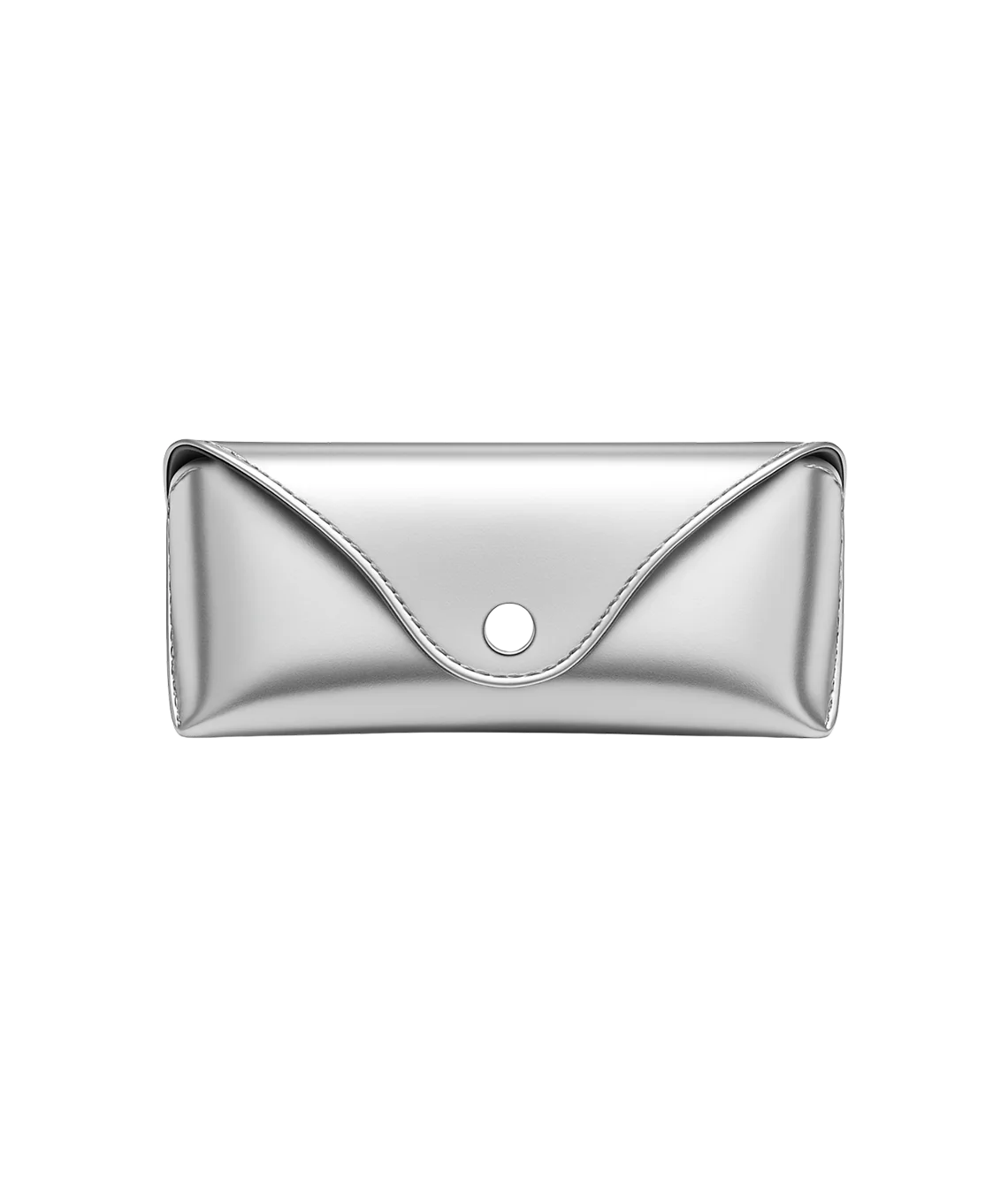 A metallic silver envelope-style clutch or wallet with a snap button closure, shown against a plain white background.