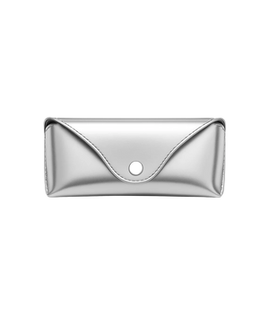 A metallic silver envelope-style clutch or wallet with a snap button closure, shown against a plain white background.