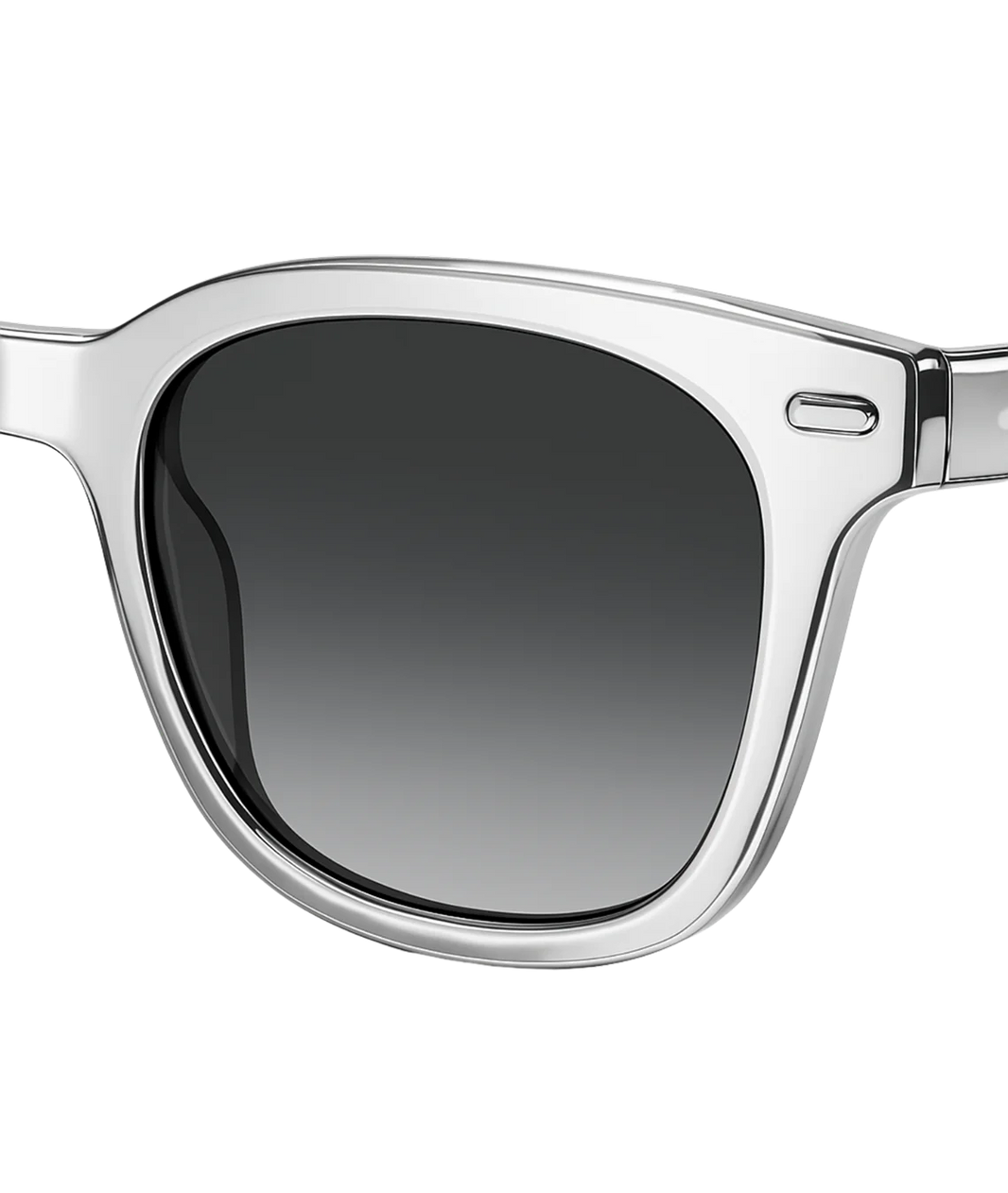 Clear frame sunglasses with dark gradient lenses on a white background