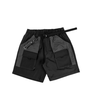 Black shorts with multiple pockets and a belt on a white background