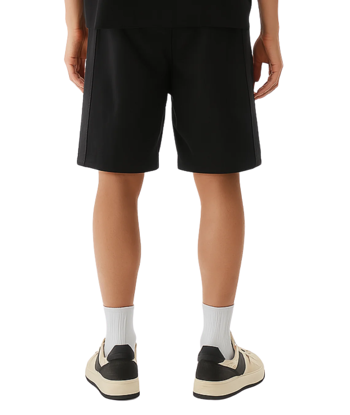 Person wearing black shorts and white socks with a transparent background