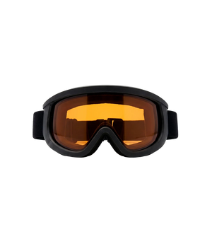 Black goggles with orange lenses on a white background