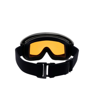Black goggles with yellow lenses on a white background