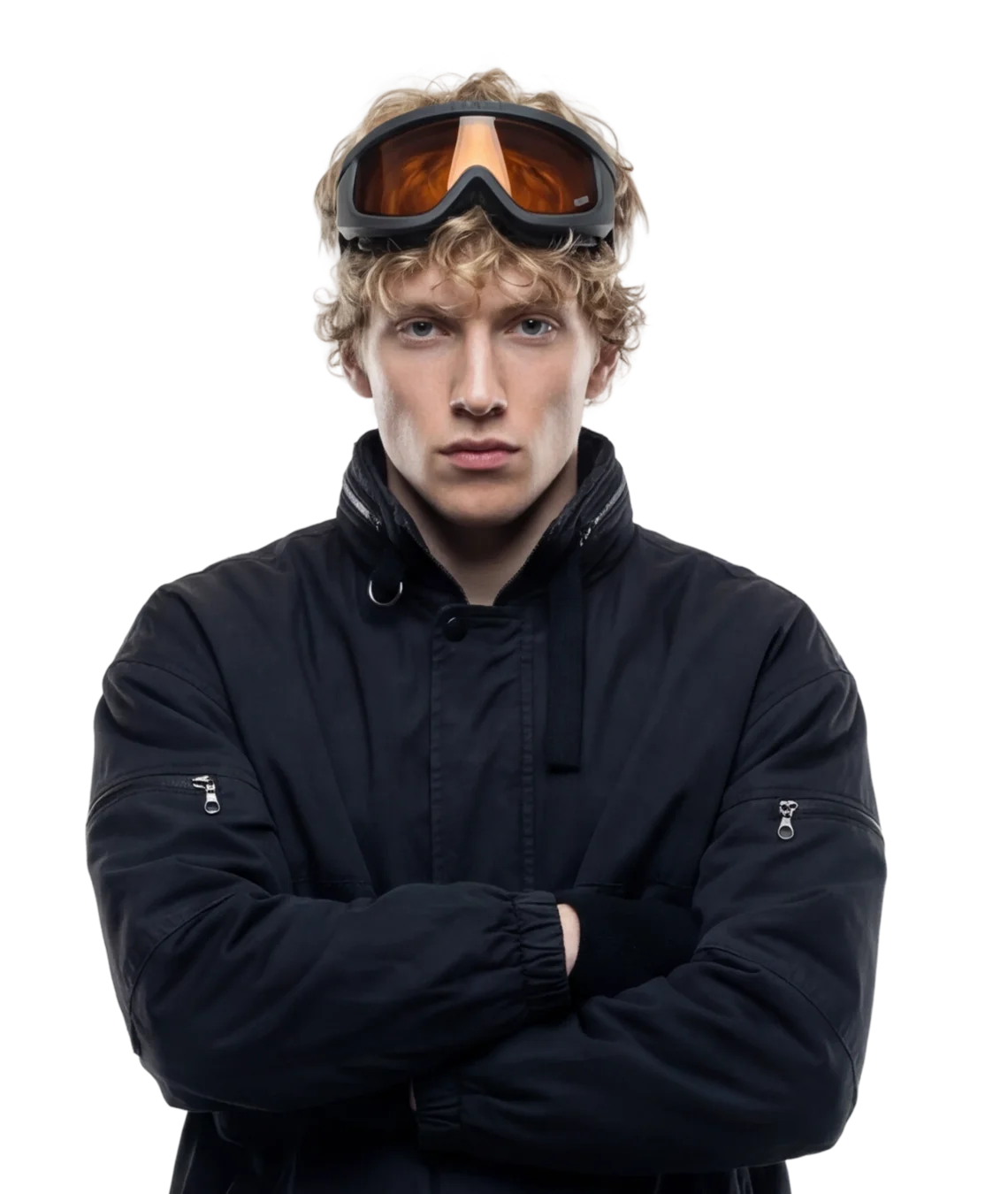 Person wearing a black jacket and goggles on a white background