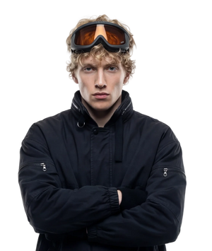 Person wearing a black jacket and goggles on a white background