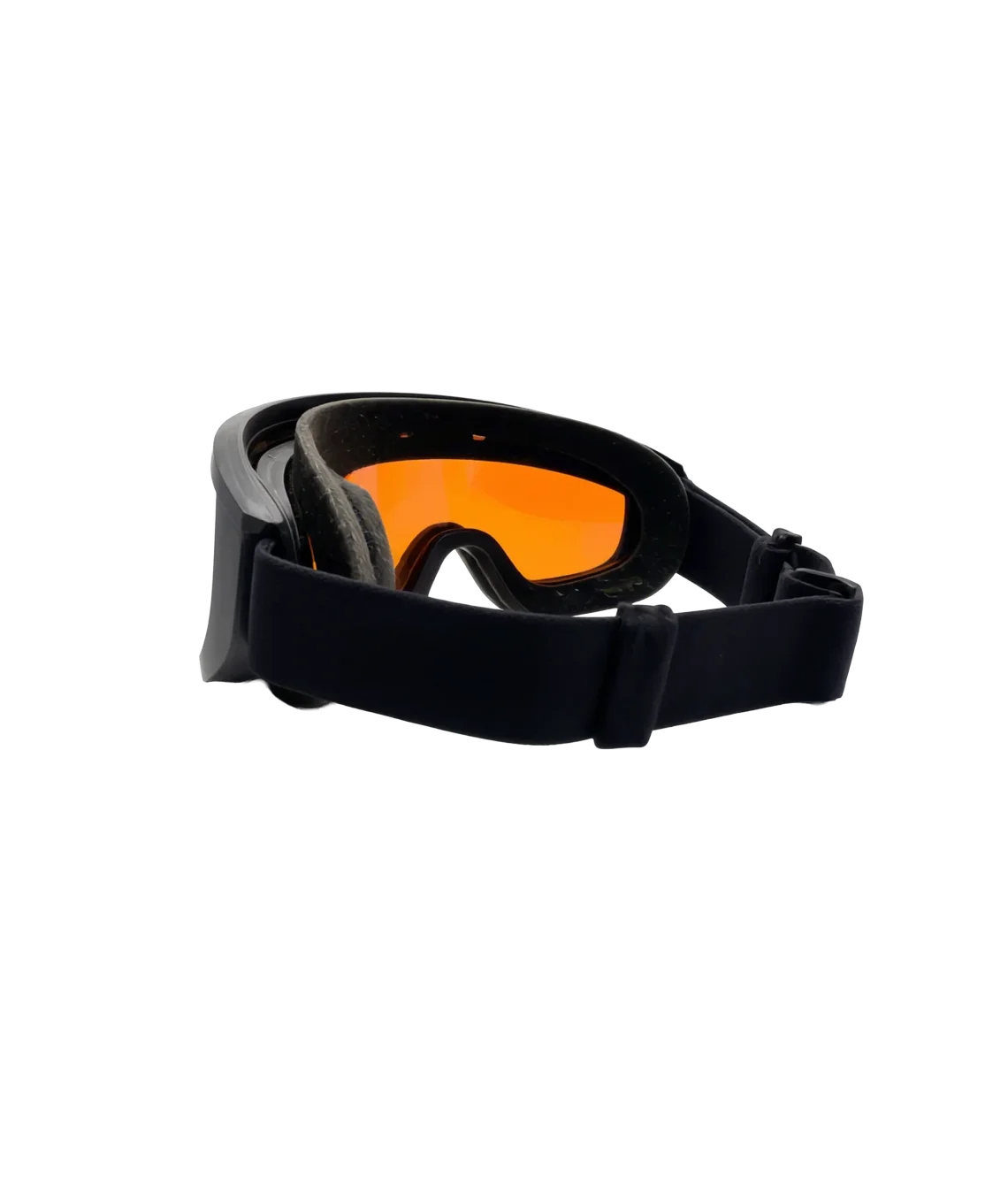 Black goggles with orange lenses on a white background
