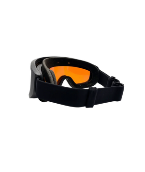 Black goggles with orange lenses on a white background