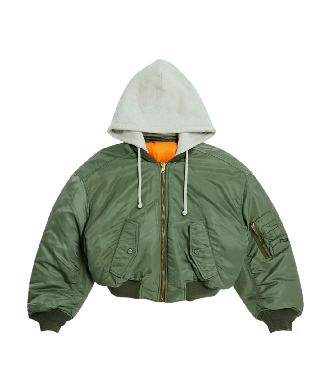 Green bomber jacket with a white hood on a transparent background