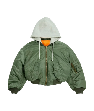 Green bomber jacket with a white hood on a transparent background