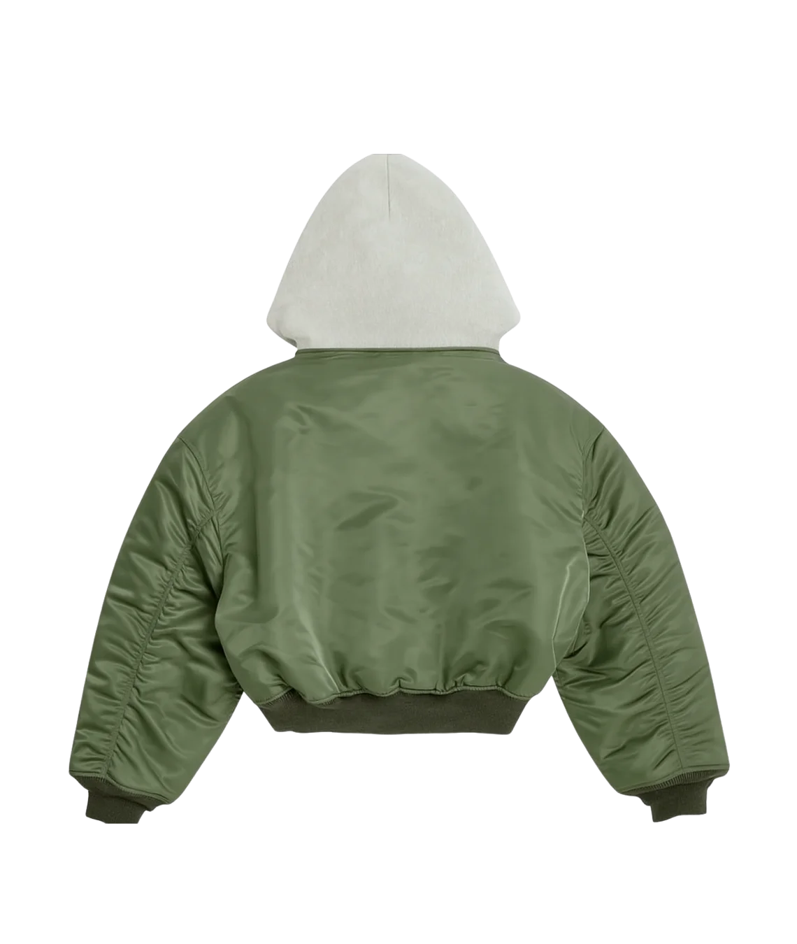 Green bomber jacket with a white hood on a white background