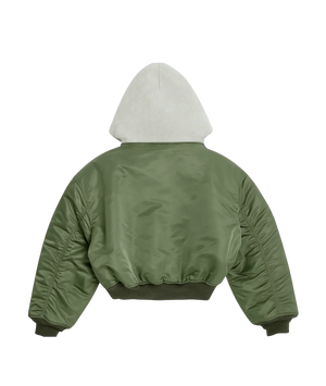 Green bomber jacket with a white hood on a white background