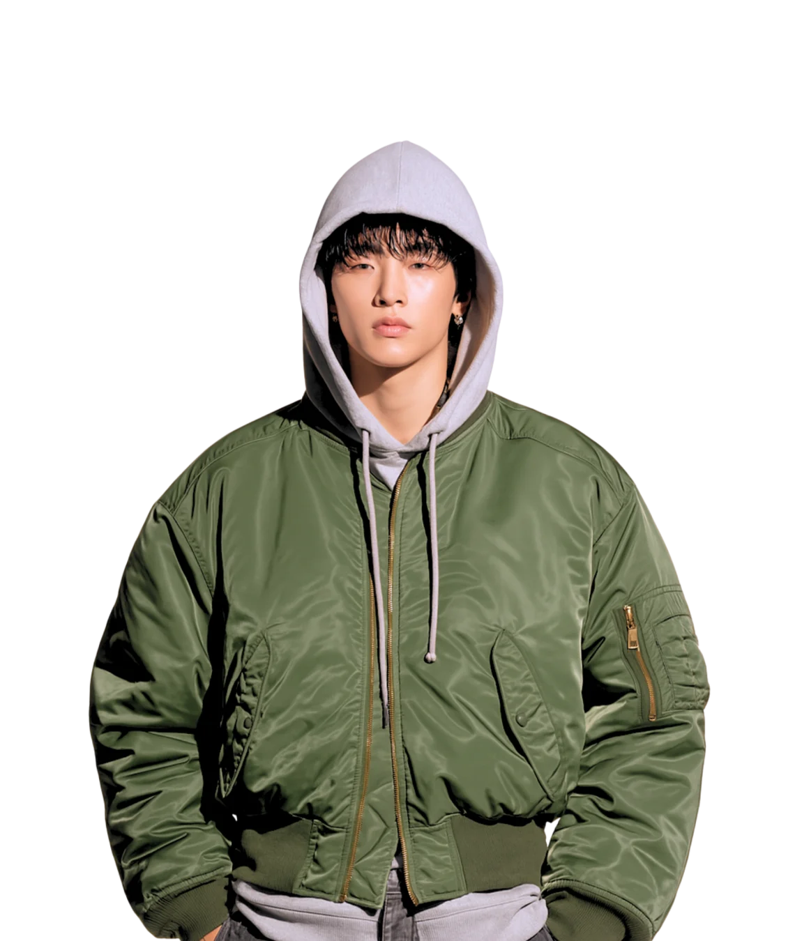 Person wearing a green jacket with a hood on a white background