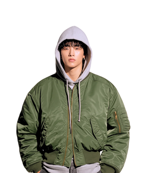 Person wearing a green jacket with a hood on a white background