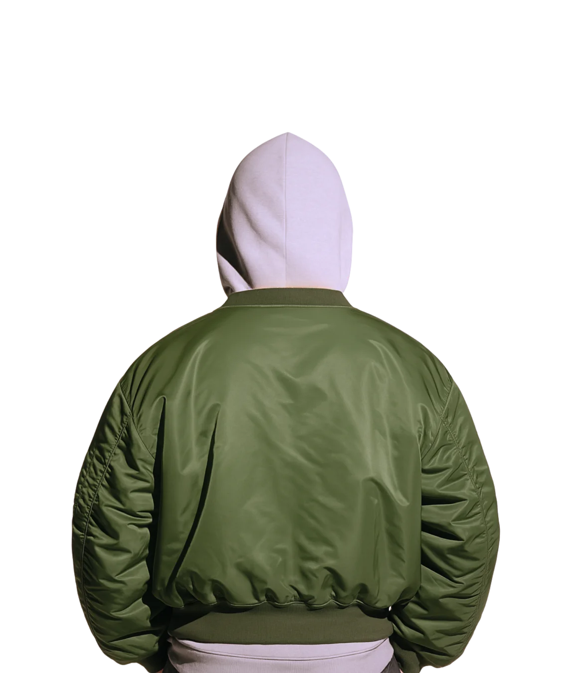 Green jacket worn by a person on a white background