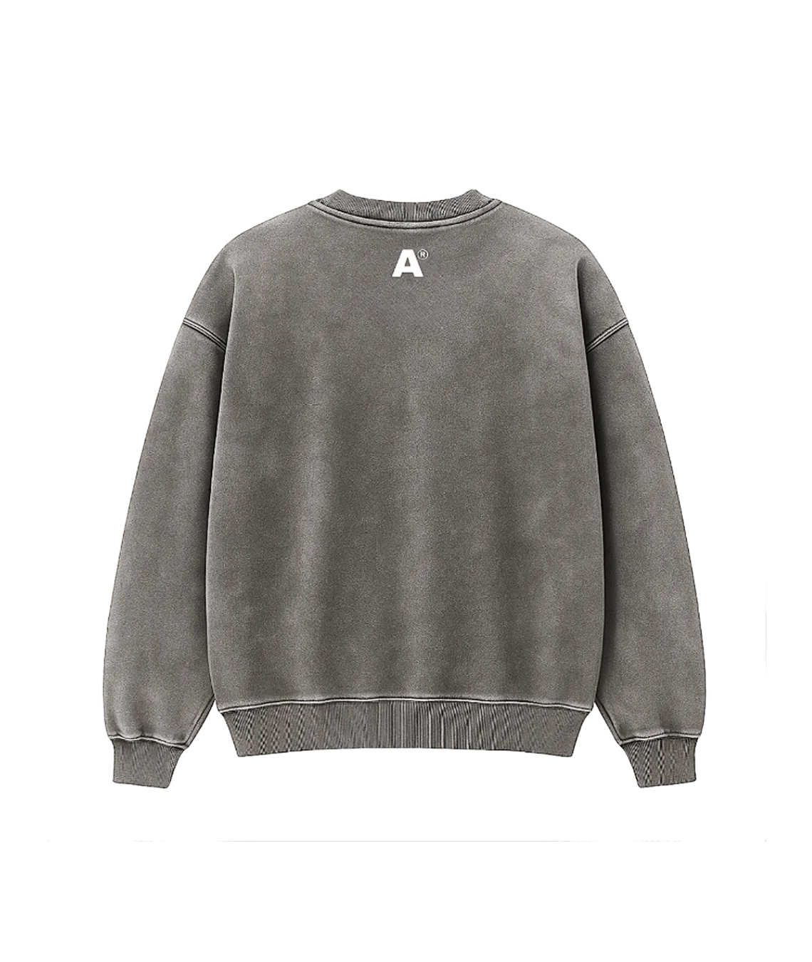 Gray sweatshirt with a logo on the back against a white background