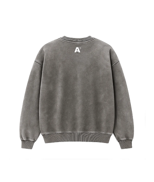 Gray sweatshirt with a logo on the back against a white background