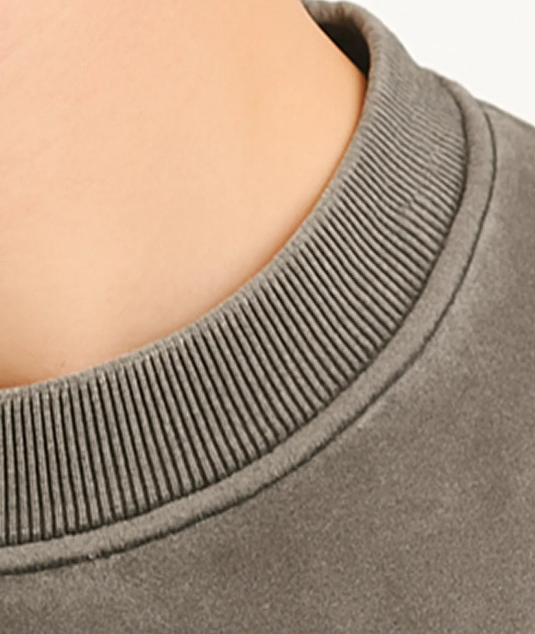 Close-up of a gray sweatshirt collar on a neutral background