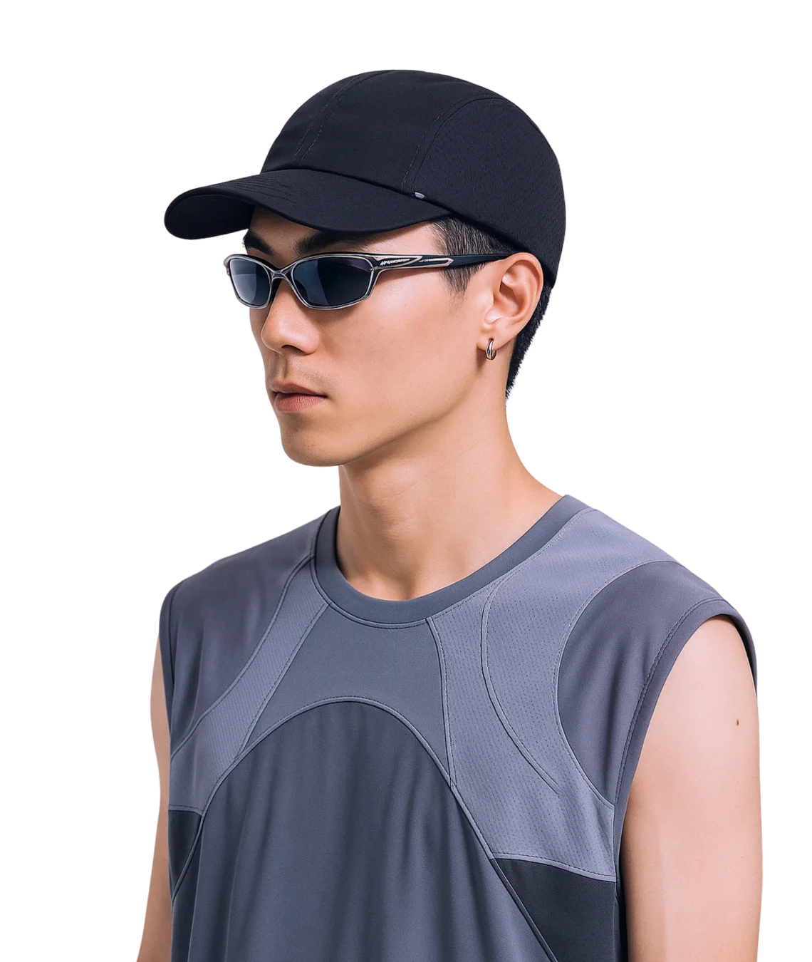 Person wearing a black cap and sunglasses with a gray sleeveless shirt on a white background