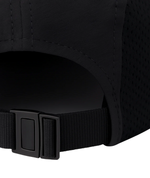 Close-up of a black cap with a buckle on a black background
