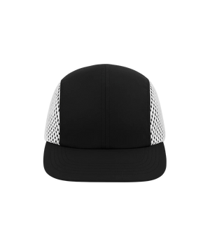 Black cap with white mesh back on a white background