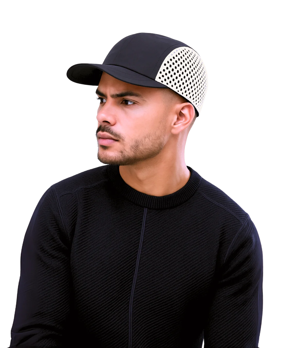 Man wearing a black cap with a white pattern on a white background