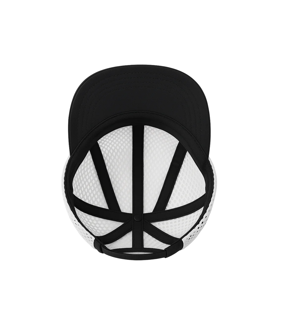 Black and white cap with mesh design on a white background