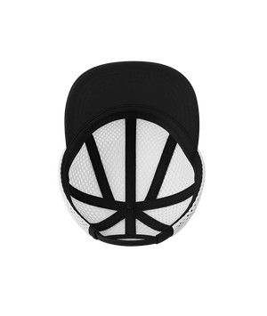 Black and white cap with mesh design on a white background