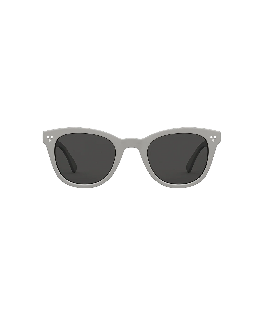 A pair of cat-eye sunglasses with a light gray frame and dark gray lenses, shown against a plain white background.