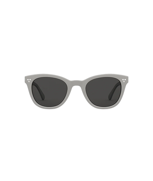 A pair of cat-eye sunglasses with a light gray frame and dark gray lenses, shown against a plain white background.