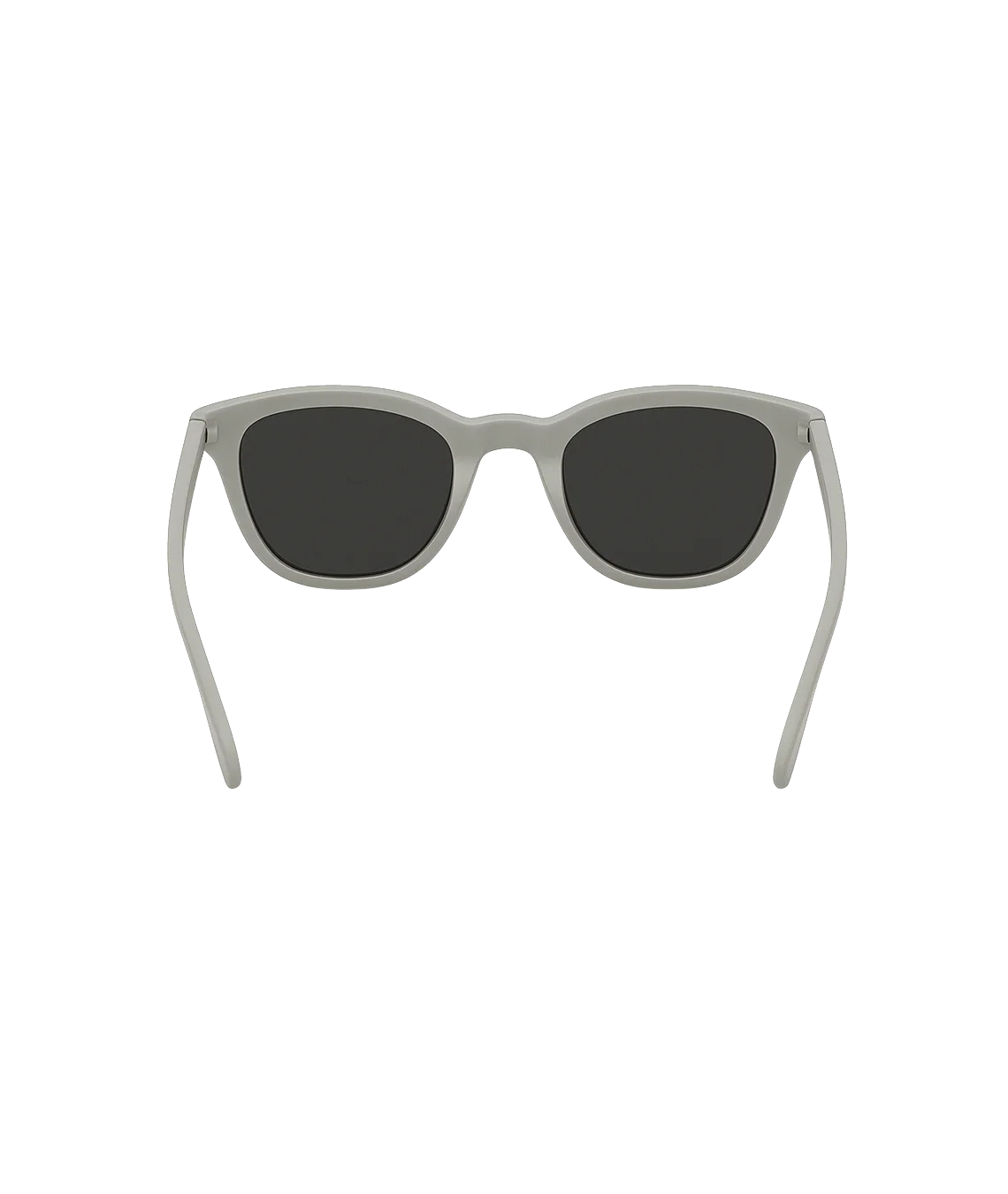 A pair of square sunglasses with a matte light gray frame and dark gray lenses, shown from the front on a solid white background.