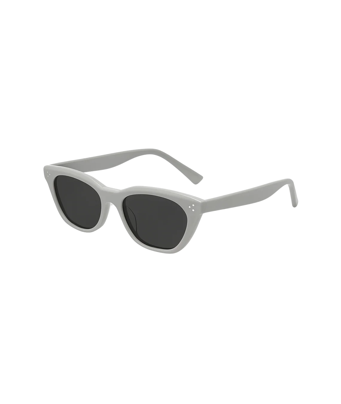 Light gray cat-eye sunglasses with dark gray lenses, shown at a three-quarter angle on a solid white background.