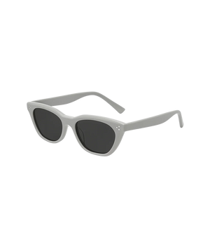 Light gray cat-eye sunglasses with dark gray lenses, shown at a three-quarter angle on a solid white background.