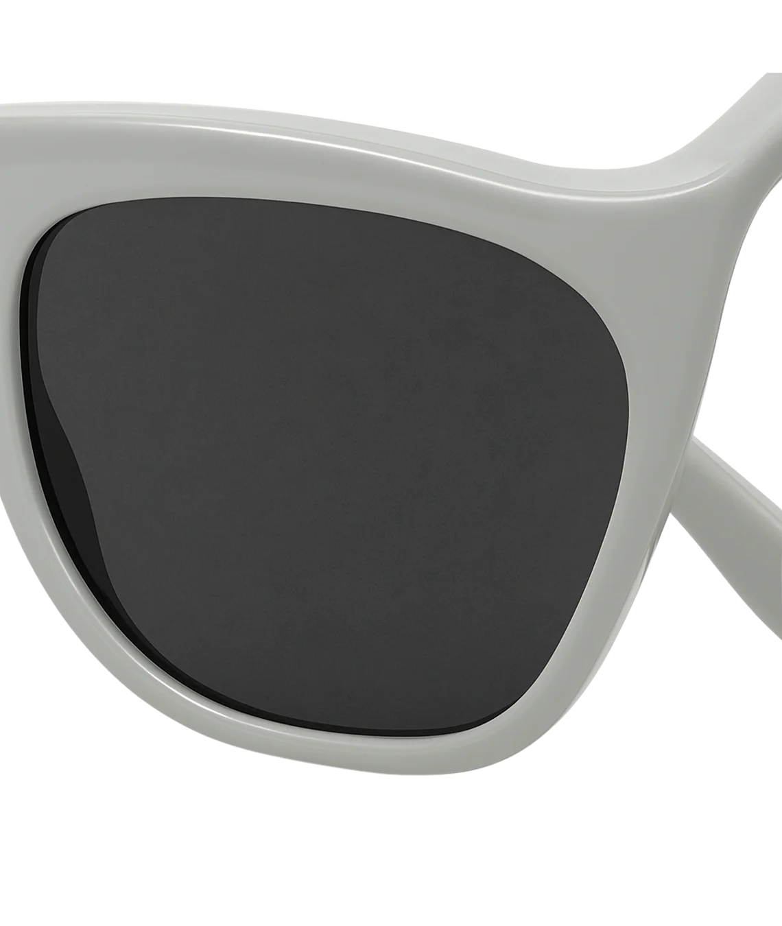 Close-up of a pair of sunglasses with a thick, glossy off-white frame and dark gray lenses, shown against a plain white background.
