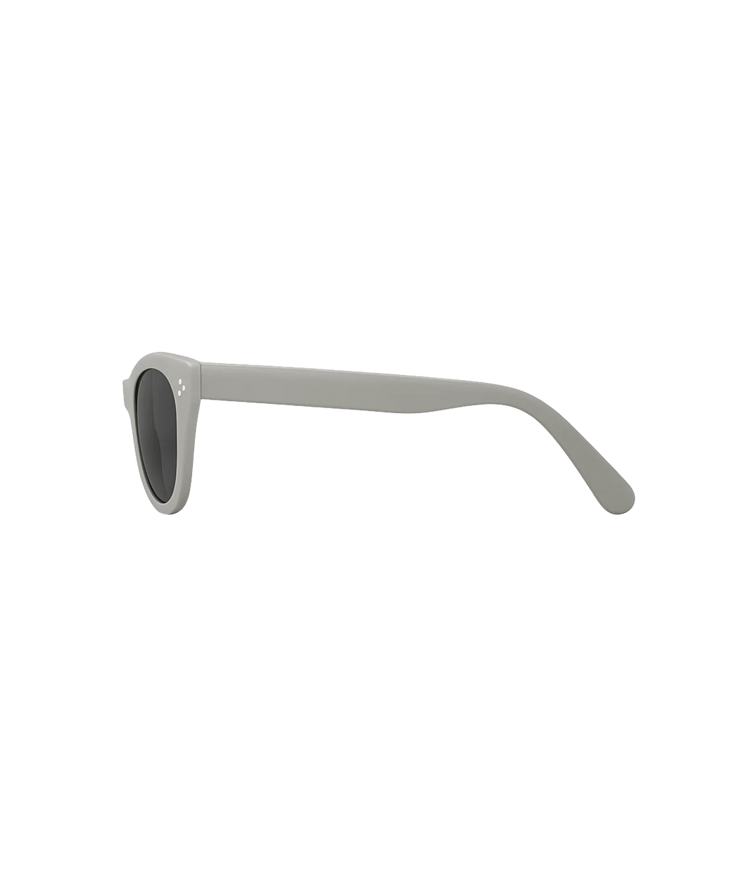 A pair of sunglasses with a matte light gray frame and dark gray lenses, shown from a side profile view on a solid white background.
