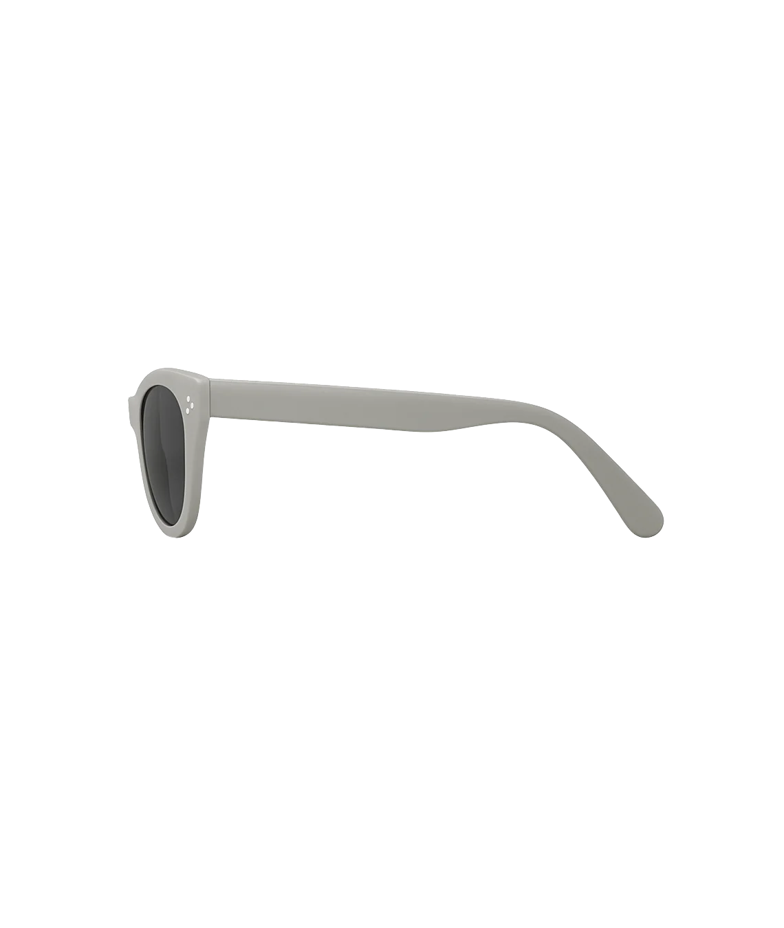 A pair of sunglasses with a matte light gray frame and dark gray lenses, shown from a side profile view on a solid white background.