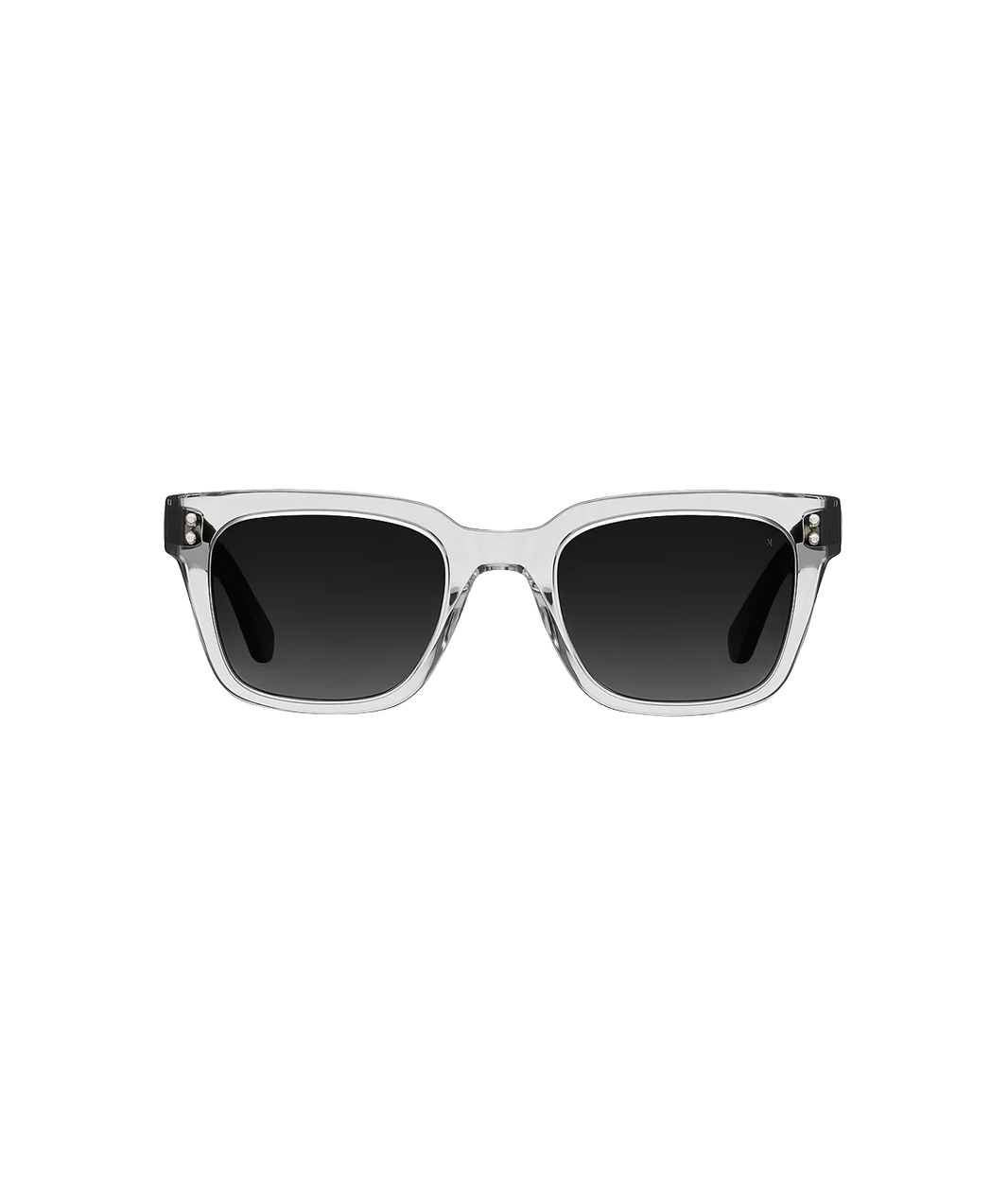 A pair of square sunglasses with a translucent clear acetate frame and dark gray gradient lenses, shown against a plain white background.