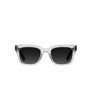 A pair of square sunglasses with a translucent clear acetate frame and dark gray gradient lenses, shown against a plain white background.