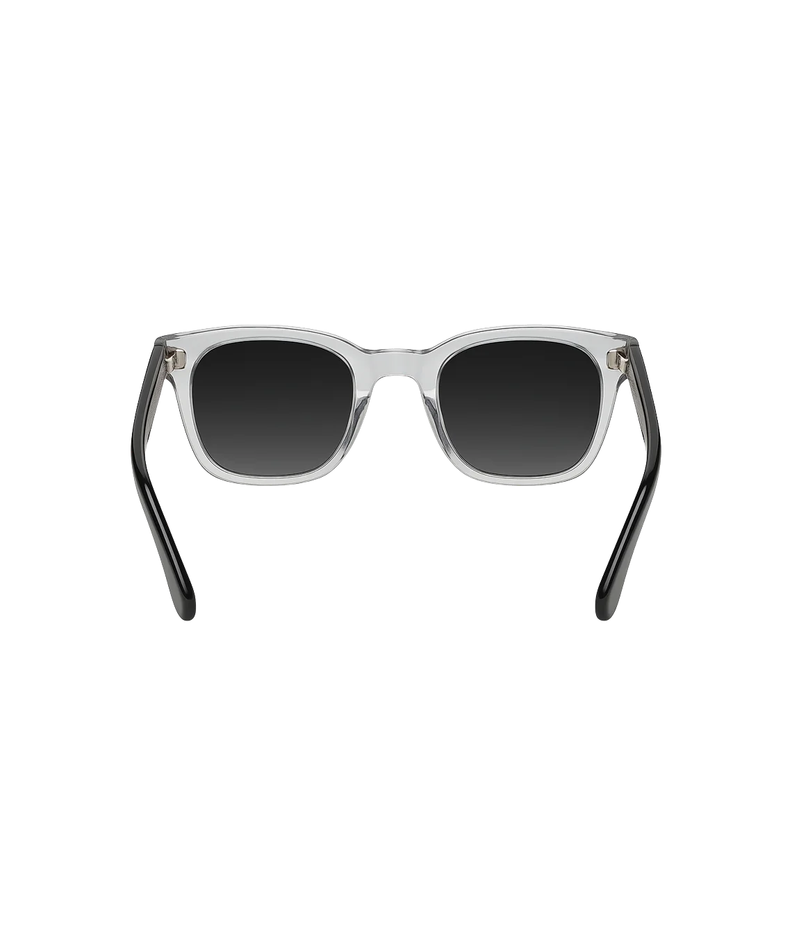 A pair of square sunglasses with a translucent clear acetate frame and dark gray gradient lenses, shown from the front on a solid white background.