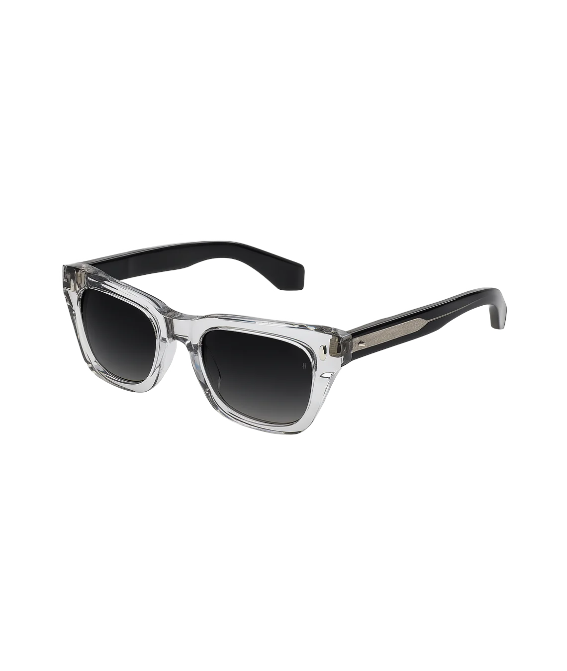 Clear acetate sunglasses with dark gray gradient lenses and black temple arms, shown on a plain white background.