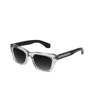 Clear acetate sunglasses with dark gray gradient lenses and black temple arms, shown on a plain white background.