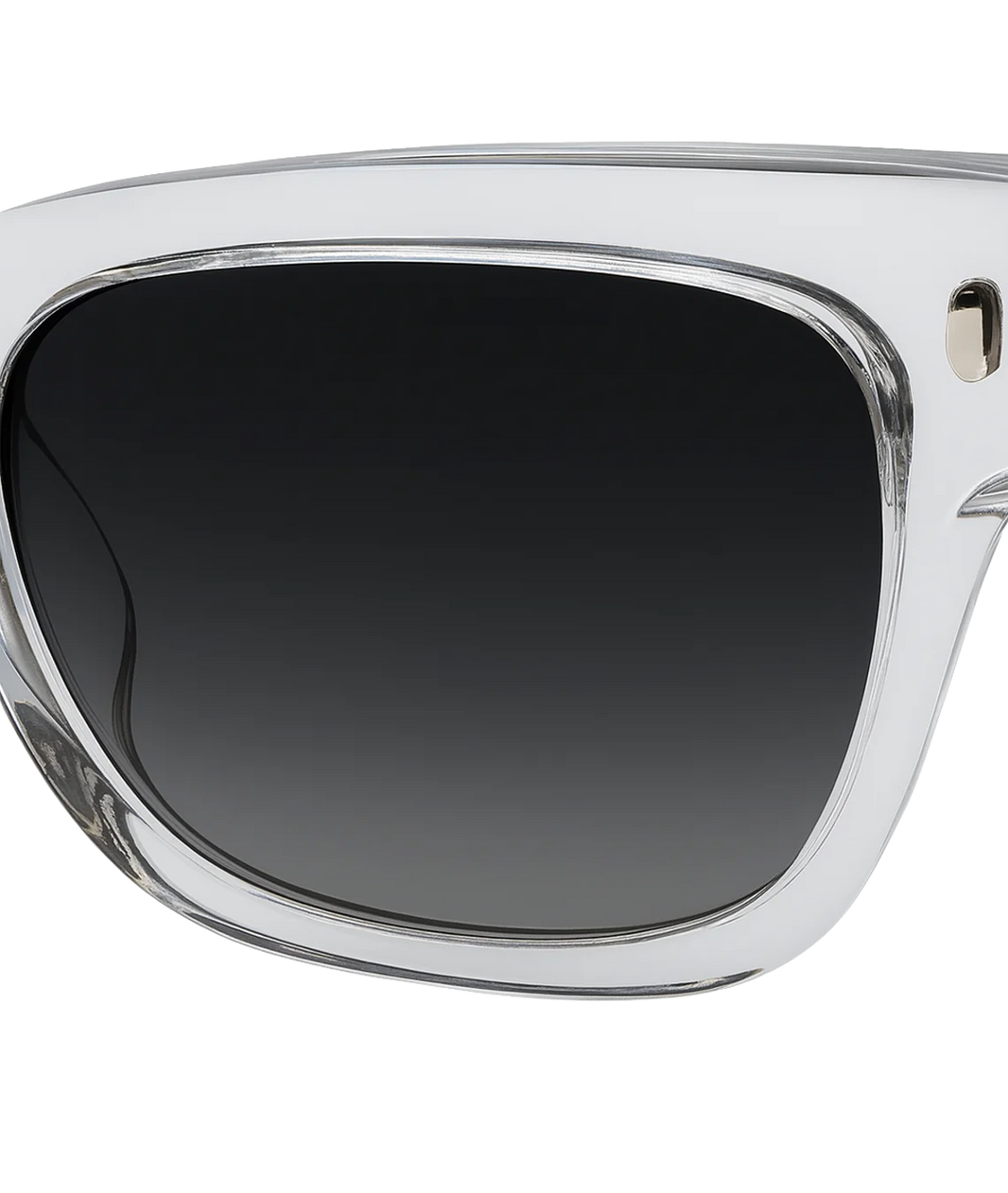 Close-up of a pair of sunglasses with a thick, glossy transparent clear frame and dark gray gradient lenses, shown against a plain white background.