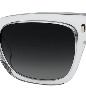 Close-up of a pair of sunglasses with a thick, glossy transparent clear frame and dark gray gradient lenses, shown against a plain white background.