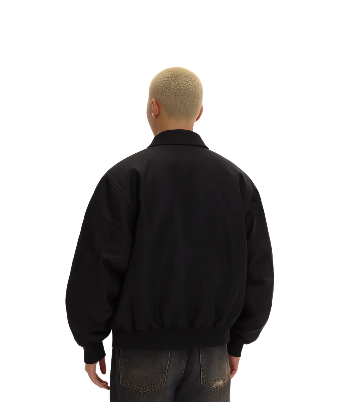 Person wearing a black jacket from behind on a white background