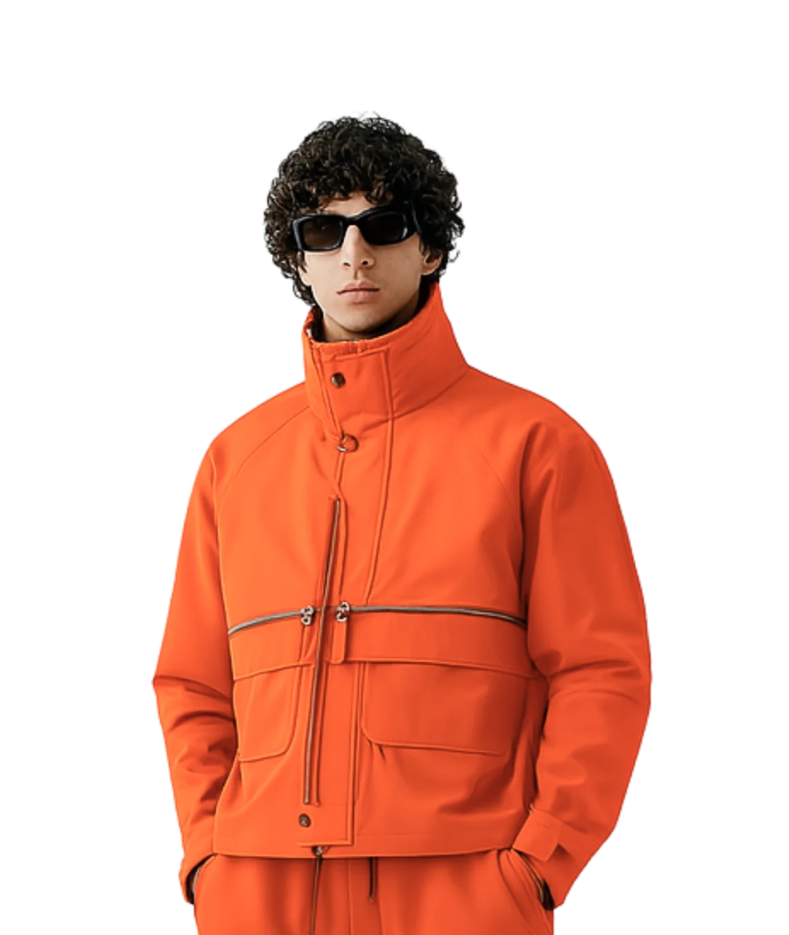 Person wearing an orange jacket and pants on a transparent background