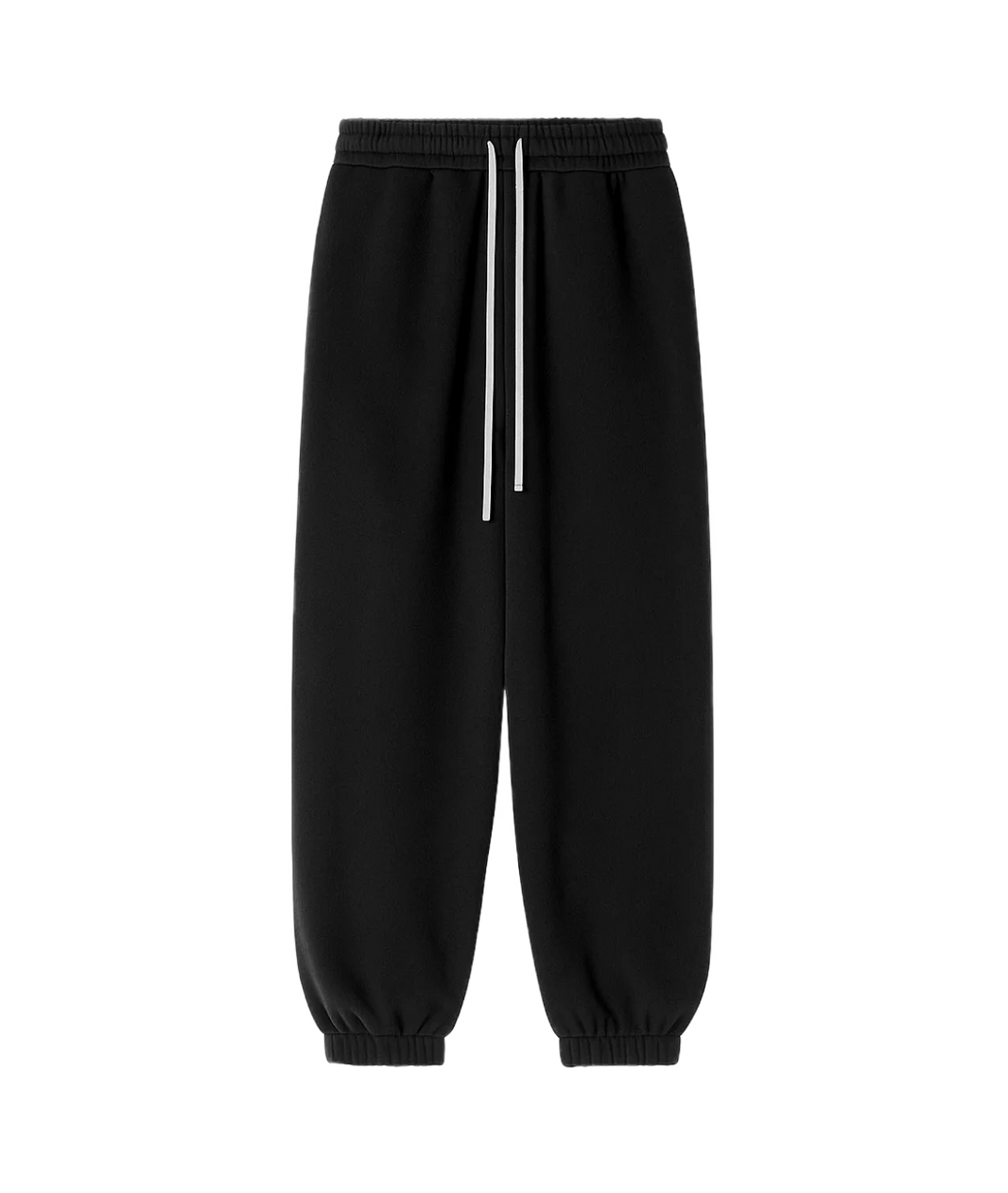 Black sweatpants with drawstrings on a white background