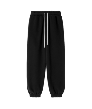 Black sweatpants with drawstrings on a white background